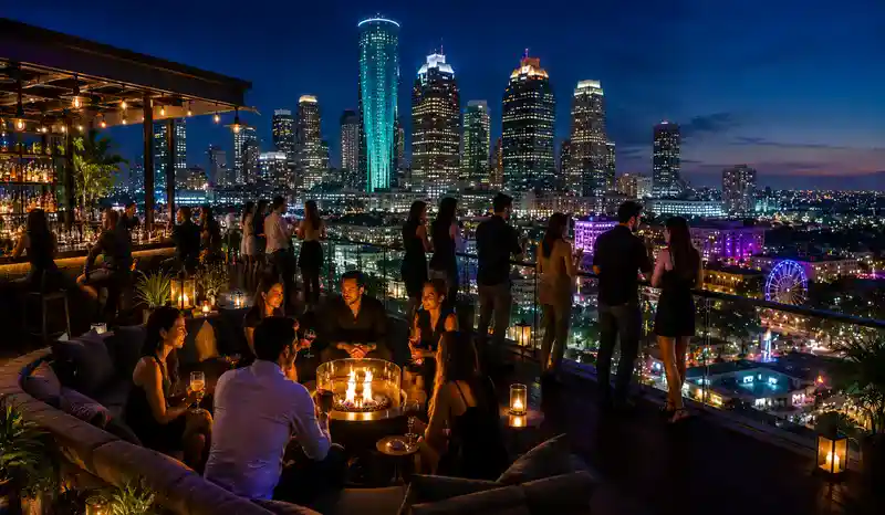 Guests enjoying a Houston rooftop bar with skyline views, handcrafted cocktails, and an upscale nightlife atmosphere.